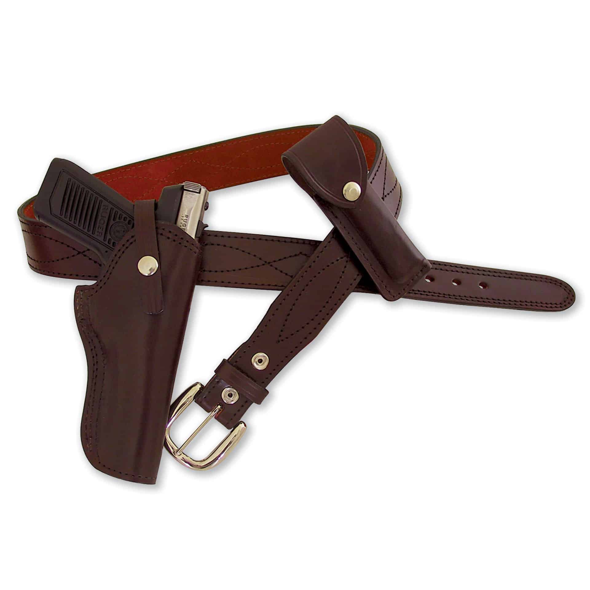 Leather Gun Belt .22 Caliber w Left Hand Smooth Holster Brown Sizes 34" to 52" 