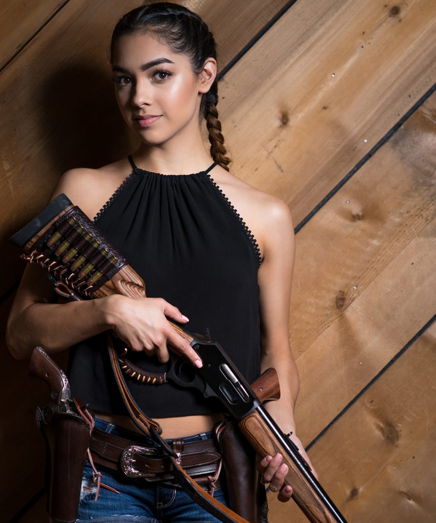 Photography of Joanna wearing the prospector western holster