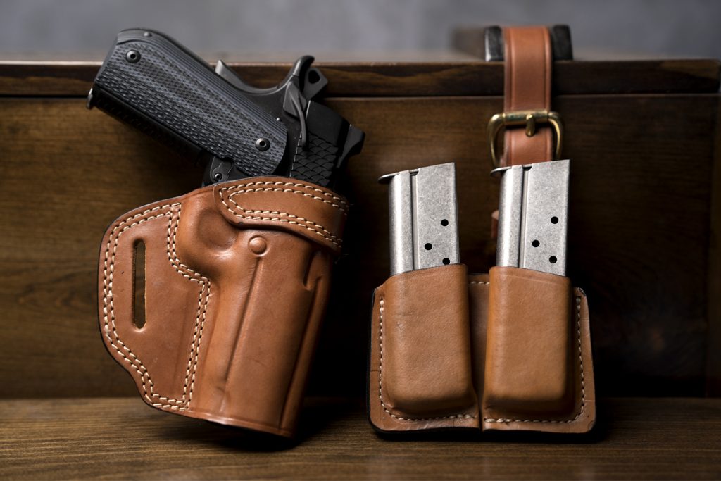 Photography of Kirkpatrick leather TSS OWB holster and 72D mag carrier
