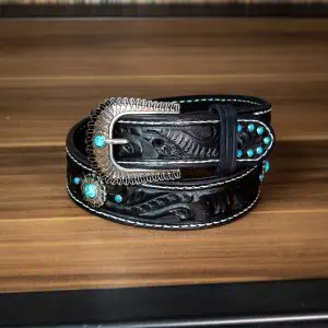 Stylish Femme Fatale Leather Belt with turquoise buckle, conchos, and studs