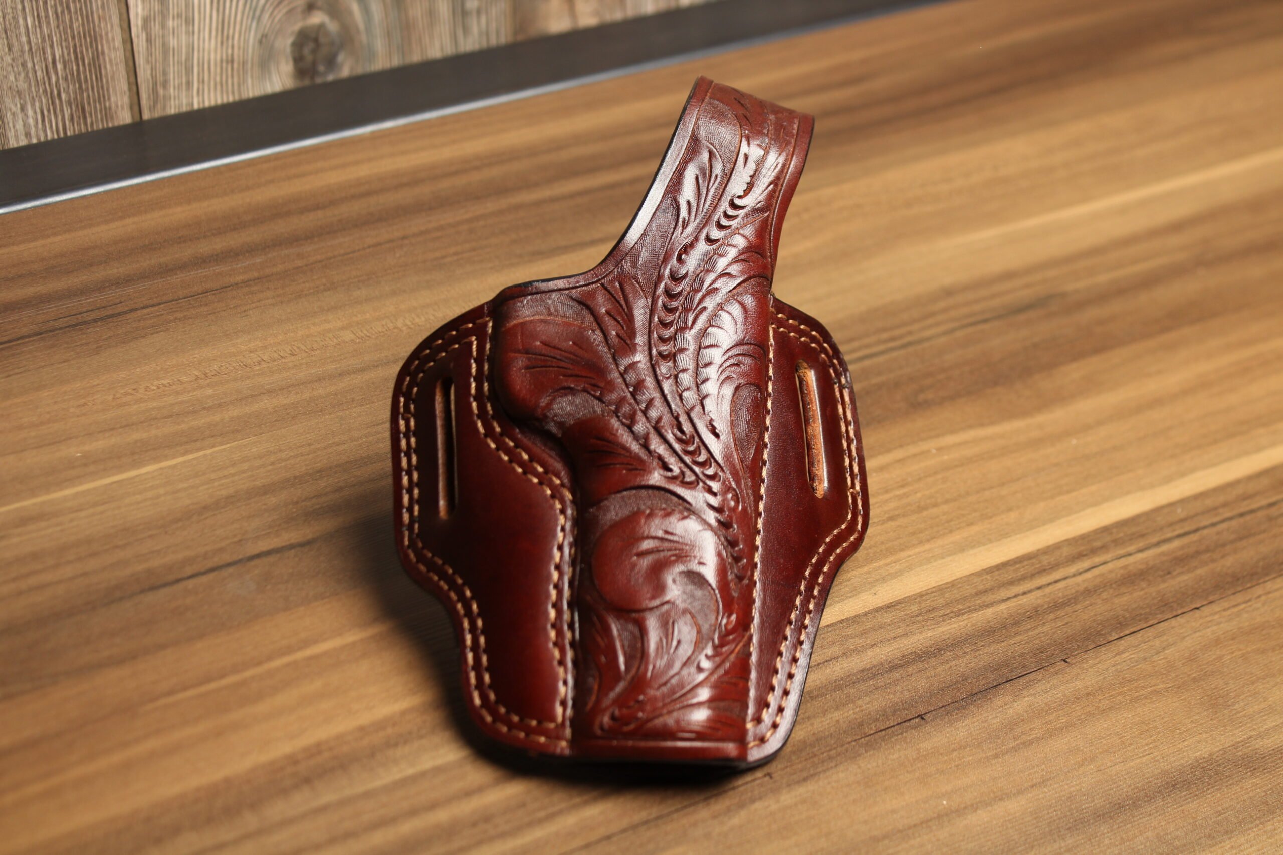 OVERSTOCK - Model 2000 Challenger OWB holster w/Level 2 retention strap for 5" 1911s, Brown, RH, hand-tooled finish, HAMMER DOWN CARRY
